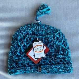 NWT hand knit Screamer blue and black winter cap hat beanie with tassel